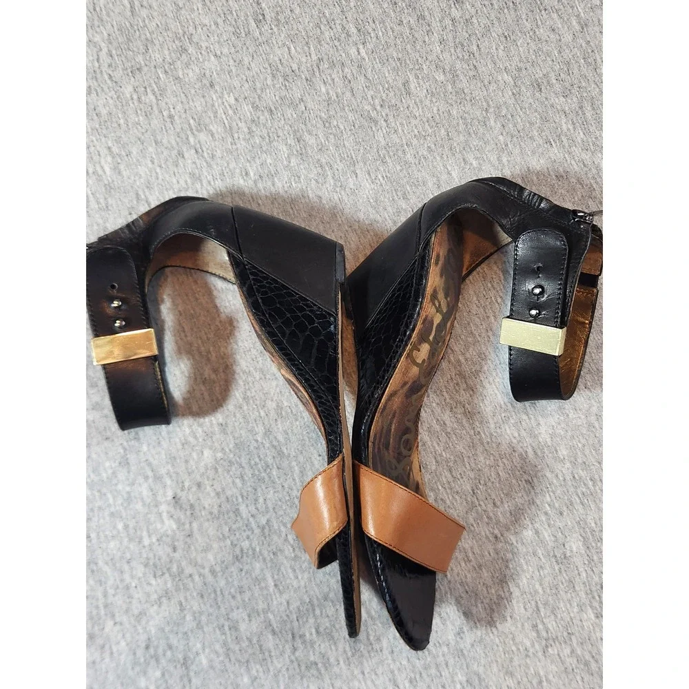 Sam Edelman Sophie Wedge Sandals Womens 7.5 Black Tan Leather Mixed Texture